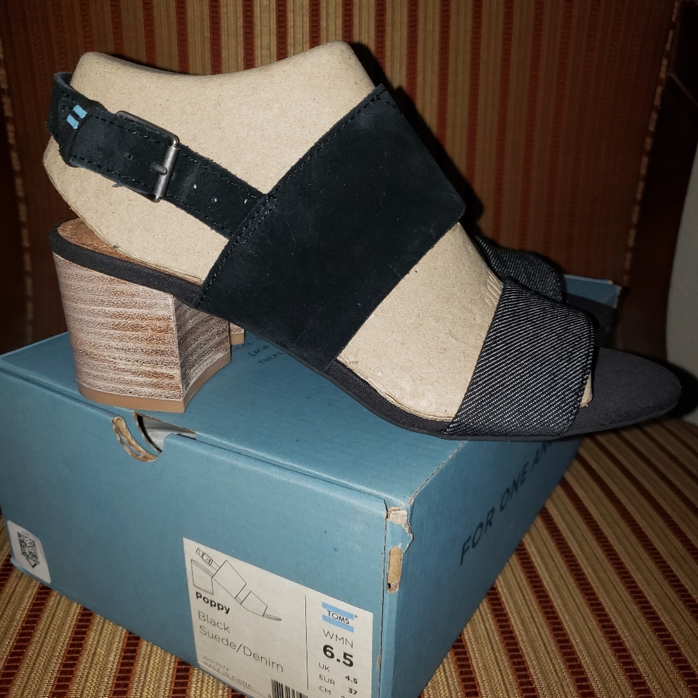 TOMS Black Poppy Suede/Denim Sandals